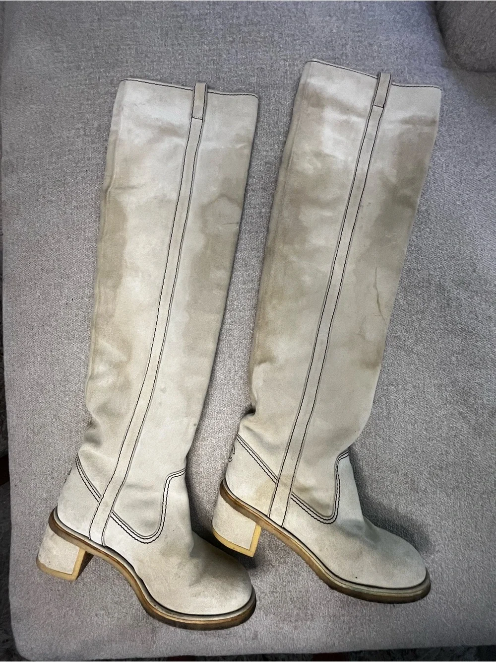 Vintage CHANEL Knee High Suede Boots Light Beige EU 38 Fold-over Gold Interior